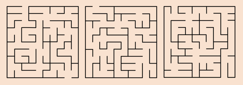square maze puzzles. Illustration for children's activity books, adult relaxation coloring pages, and graphic design projects.Vector illustration