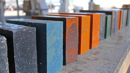 A row of colorful blocks on a table.