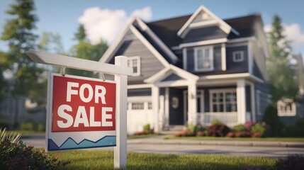 3D illustration of a house for sale sign in a busy sellers market scene
