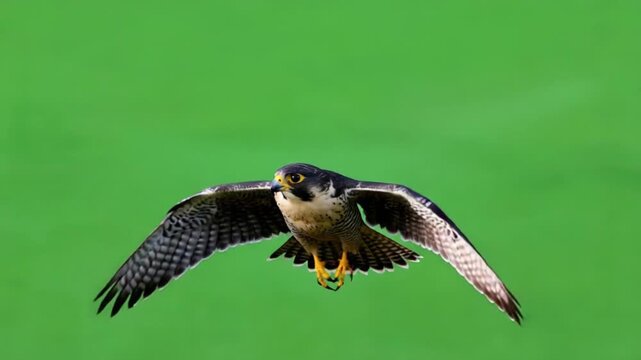 Majestic peregrine falcon in flight with outstretched wings on green background