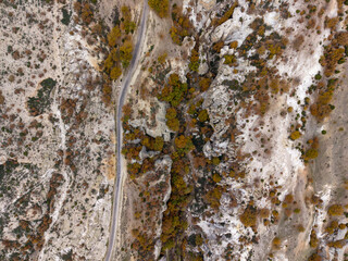 Aerial view of ancient rock formations and vibrant autumn hues in the Phrygian (Frig) Valley in Afyonkarahisar