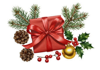 Highly detailed traditional watercolor illustration, flat lay view, showing a red square gift box with satin ribbon, fir branches, golden bauble, and holly on white archival paper. Concept of
