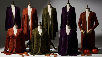A striking display of assorted autumn colored knit cardigans modeled on headless mannequins featuring deep purples earthy greens and rich russet tones.