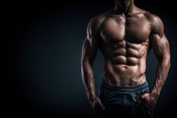 Fototapeta premium Athletic torso close-up highlighting sculpted core and triceps in studio portrait