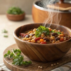 Hearty rustic lentil stew overflowing in a wooden bowl with fresh parsley garnish