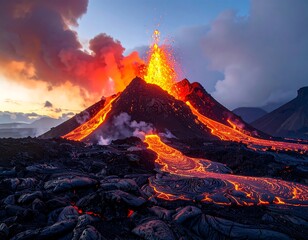 Erupting volcano spewing lava and ash under a dramatic sky