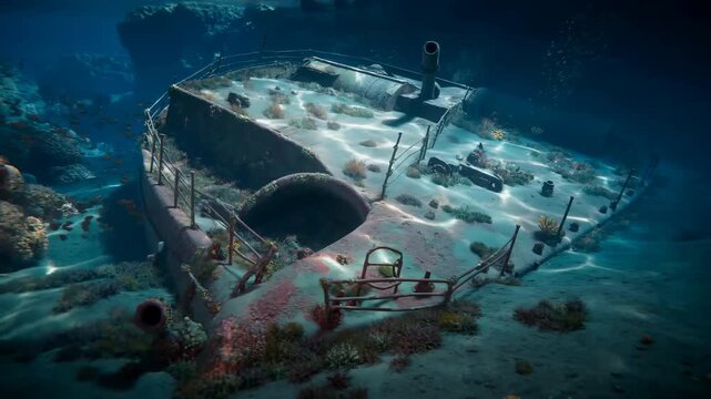 Marine Wreck Exploration, Shipwreck Rests Under Ocean Surface, Sunken Aircraft Lies Amid Vibrant Coral Scenery