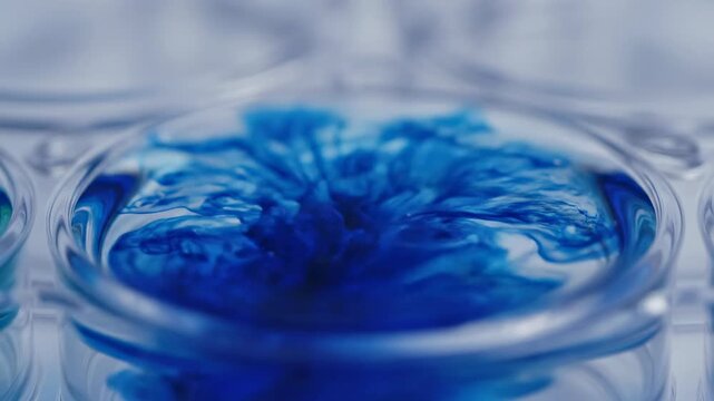 Extreme slow motion macro shot showing a vibrant blue chemical liquid mixing instantly with a clear fluid inside a laboratory multi-well plate experiment, testing apparatus, mixing instantly