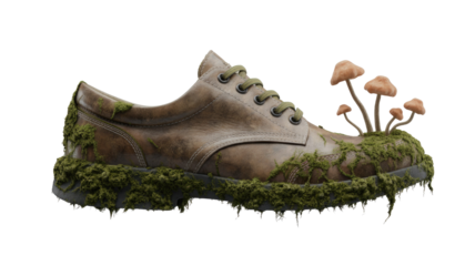 Old Leather Shoe Covered in Moss and Mushrooms