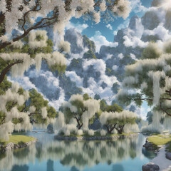 Serene Dreamlike Landscape with White Trees and Mountains