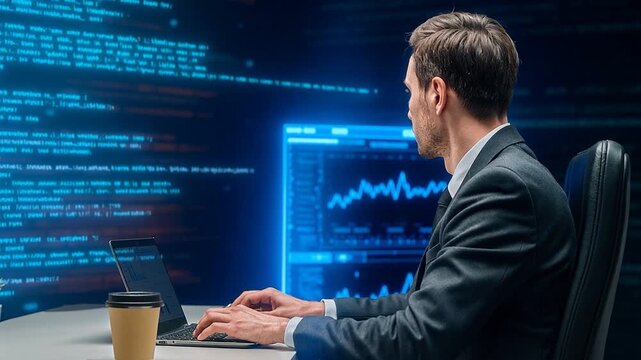 Full stack developer working on cloud and coding in the background for a modern software development process. Software engineer in office analyzes code, monitors data, manages cybersecurity operations