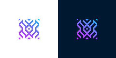 Abstract modern technology logo design with intricate geometric lines and vibrant purple-blue gradient colors, representing connectivity and digital innovation