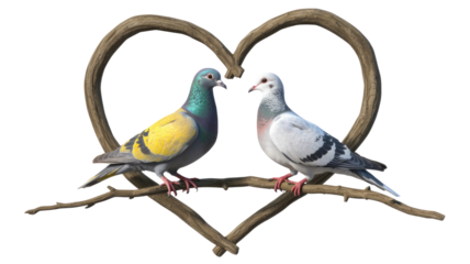 Pigeons on Heart Shaped Branch - Isolated