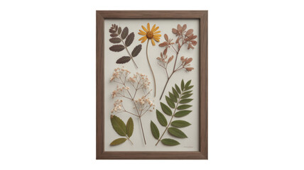 Pressed flowers and leaves in a frame