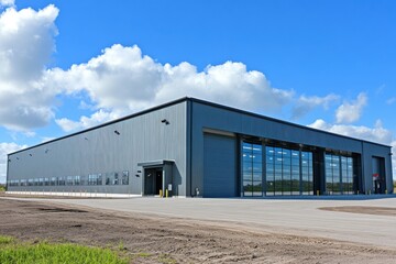 The steel-frame structure of the new warehouse stands against a blue sky with clouds in the background.