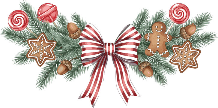 Christmas pine swag illustration with red striped bow gingerbread man star cookies lollipops and acorns festive holiday vector.