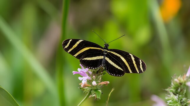 Zebra longwing butterfly on a purple flower, showcasing its distinctive black and yellow stripes