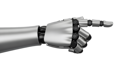 Robotic hand with metallic fingers pointing forward in a futuristic isolated on a transparent background
