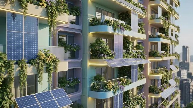 Futuristic Eco-Friendly Skyscraper with Vertical Gardens and Solar Panels.