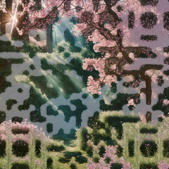 Tranquil spring landscape with cherry blossoms and soft sunlight filtering through trees