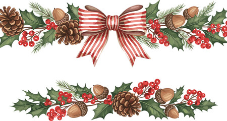 Set of two Christmas horizontal borders featuring red striped bow holly leaves pine cones berries and rustic acorns.