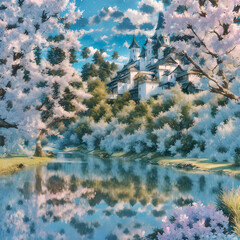 A beautiful castle surrounded by blooming cherry blossoms, reflecting in a calm river, invoking a sense of fantasy and serenity