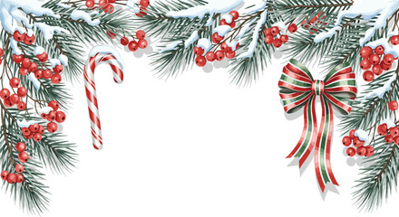 Naklejka premium Snowy Christmas horizontal frame with pine branches red winter berries frosted candy cane and green striped ribbon bow.