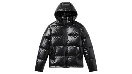 Shiny black puffer jacket with hood and pockets isolated on a transparent background
