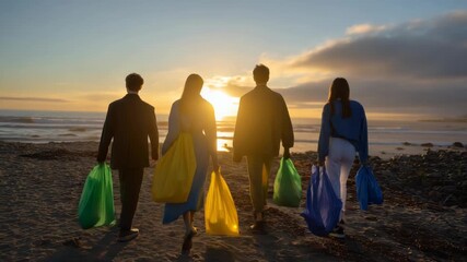 Group of People Walking Along Beach at Sunset Carrying Shopping Bags in a Sunset Scene