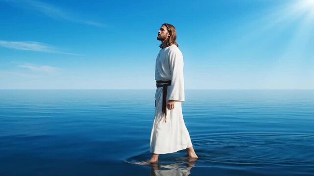 Jesus miracle walk: sacred water, gospel tale, divine wonder, bible account, spiritual belief, holy lesson, scriptural story, christian trust, heavenly act, religious proof,