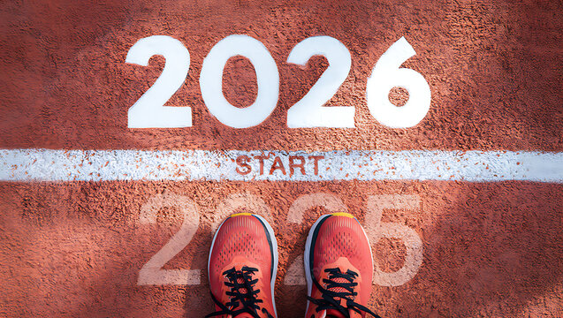 A runner's feet stand at the "START" line for the year 2026, ready for a new race or journey.