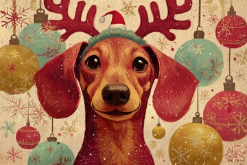 A festive illustration of a dachshund dog wearing a Santa hat and reindeer antlers, set against a background of colorful Christmas ornaments