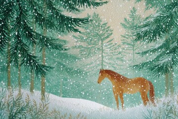 A beautiful illustration of a brown horse standing in a snowy forest