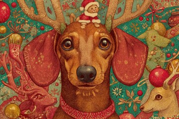 A festive illustration of a dachshund dog wearing a Santa hat and reindeer antlers, set against a background of colorful Christmas ornaments