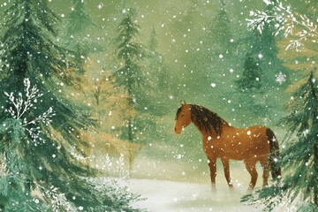 A beautiful illustration of a brown horse standing in a snowy forest