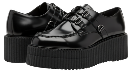 Black patent leather platform creepers with double buckle straps and D-rings black shoes platform shoes