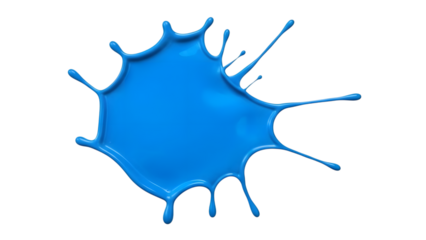 Vibrant blue liquid splatter with multiple elongated drips extending outward isolated on a transparent background