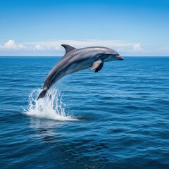 A dolphin leaps from blue ocean water under a clear sky. Its body is streamlined