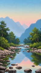 Serene Mountain River Landscape at Sunset