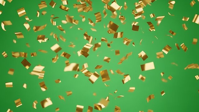 Golden confetti gracefully falling on a bright green canvas, capturing the essence of triumph, festive occasions, and joyous celebration, a symbol of prosperity and success