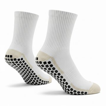 White Athletic Crew Grip Socks with Beige Heel and Anti-Slip Bottom