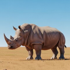 Fototapeta premium A realistic digital render of a rhino standing in a dry savanna landscape under a blue sky