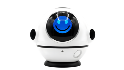 White spherical robot with blue smiling face and two side speakers on transparent background isolated on a transparent background