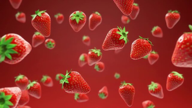 Floating strawberries with green leaves against a gradient red background with a sense of movement.