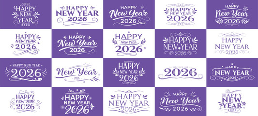 A vibrant happy new year 2026 typography illustration set perfect for celebrations on transparent background high-quality.