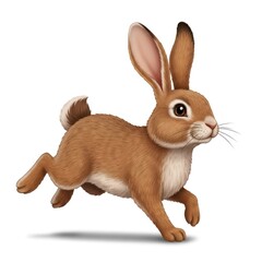 Obraz premium Digital illustration of a brown rabbit in motion, running with its ears up, isolated on white