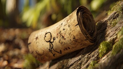 A simple stick figure character on an ancient rolled map, embarking on an exciting exploration and adventure through a textured landscape.