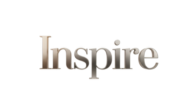 Metallic word Inspire with a small dot above the i on a black background text lettering - Powered by Adobe