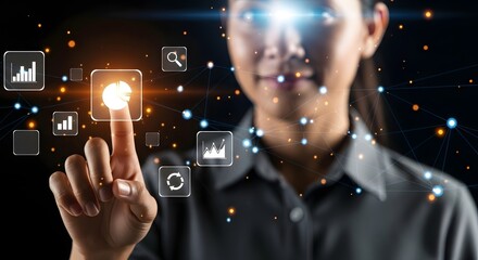 Woman interacting with digital interface data analysis business intelligence dashboard technology