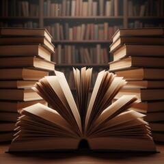 Open book center stage with stacks on sides, leads to blurred library